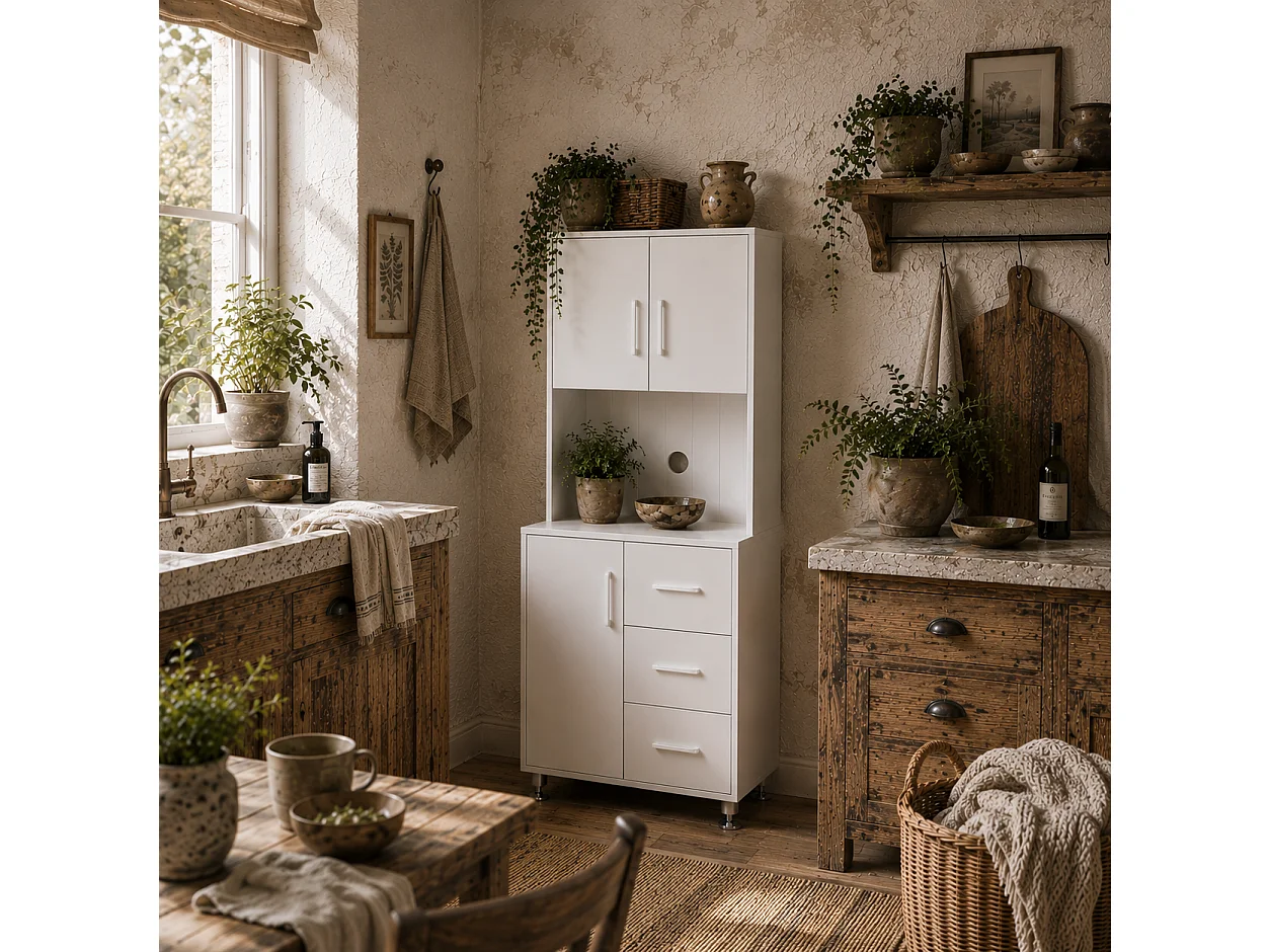 Cohana White Modern Kitchen Cupboard 3 Drawers Open Counter 160x60x40cm