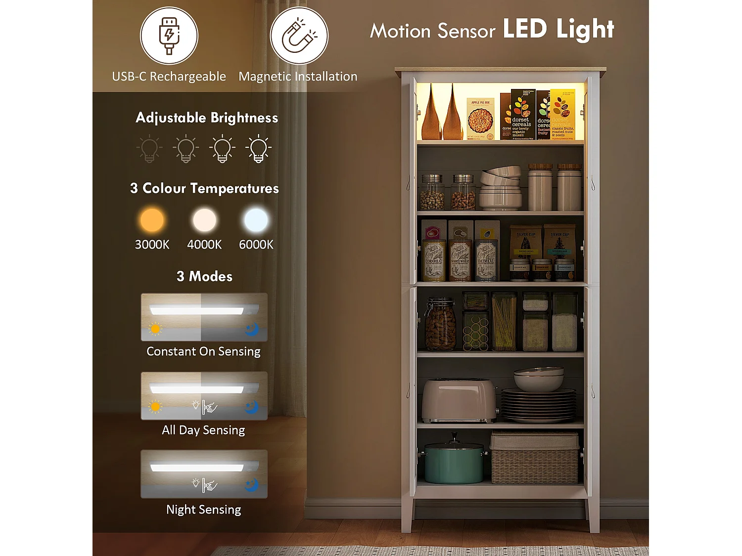 Kaha White Tall Pantry Cabinet with Motion Sensor LED Lighting 176.5cm