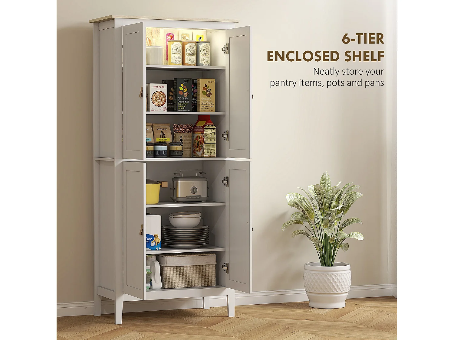 Kaha White Tall Pantry Cabinet with Motion Sensor LED Lighting 176.5cm