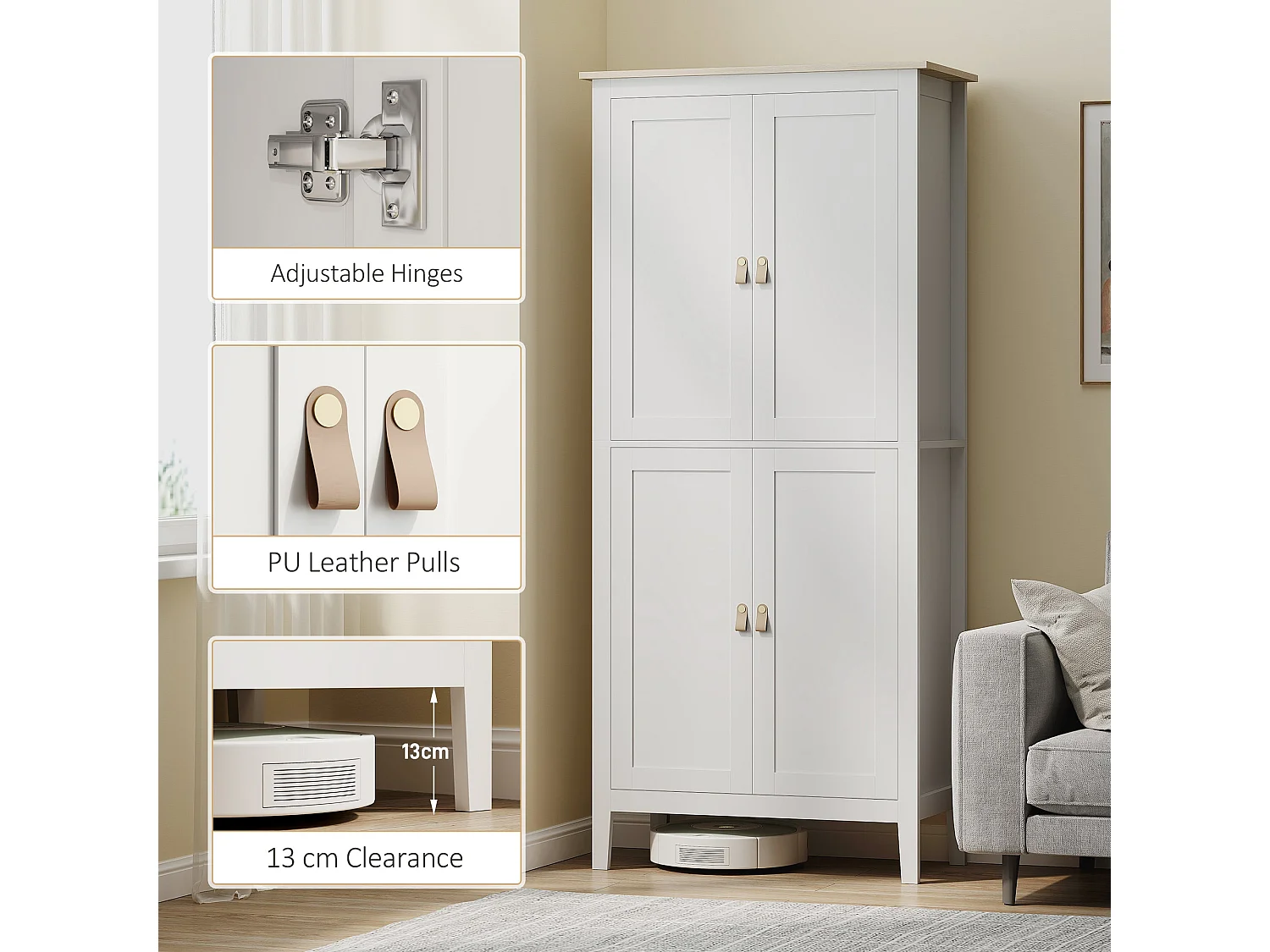 Kaha White Tall Pantry Cabinet with Motion Sensor LED Lighting 176.5cm