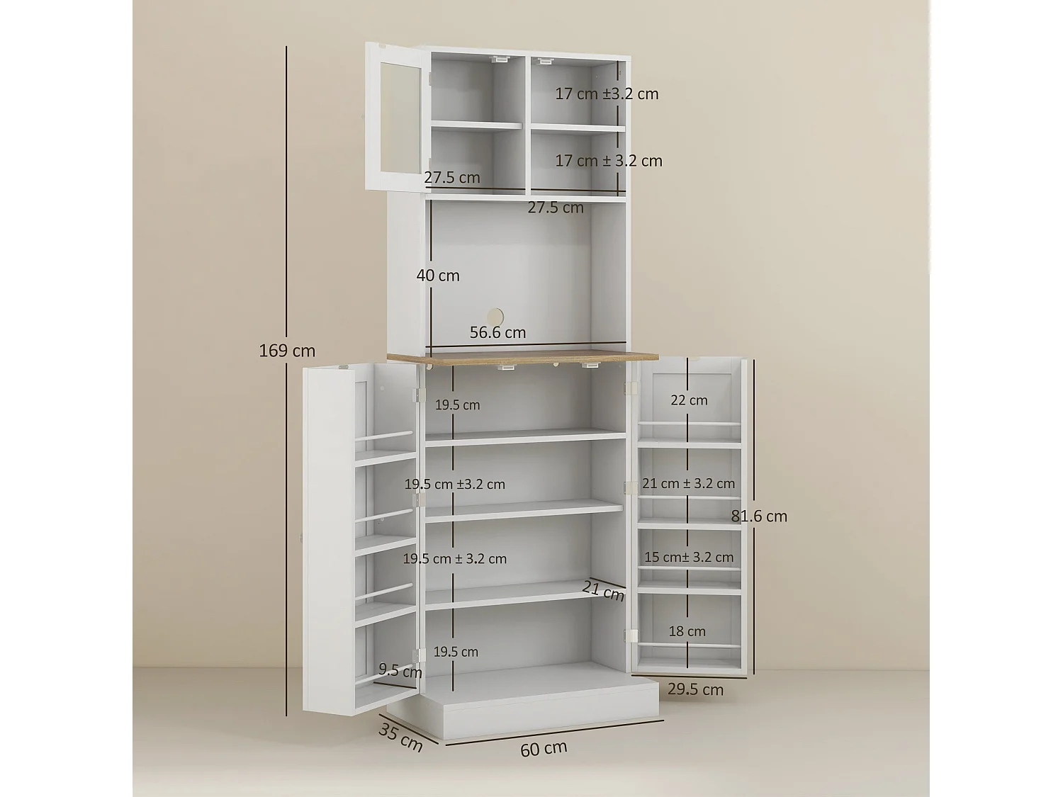 Tabetti Wooden White 2 Part Kitchen Storage Cabinet 60W x 35D x 169Hcm