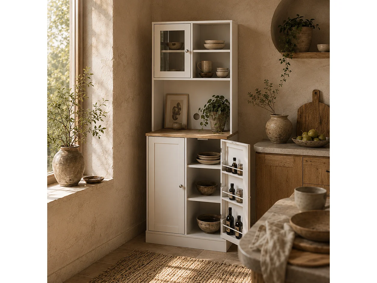 Tabetti Wooden White 2 Part Kitchen Storage Cabinet 60W x 35D x 169Hcm