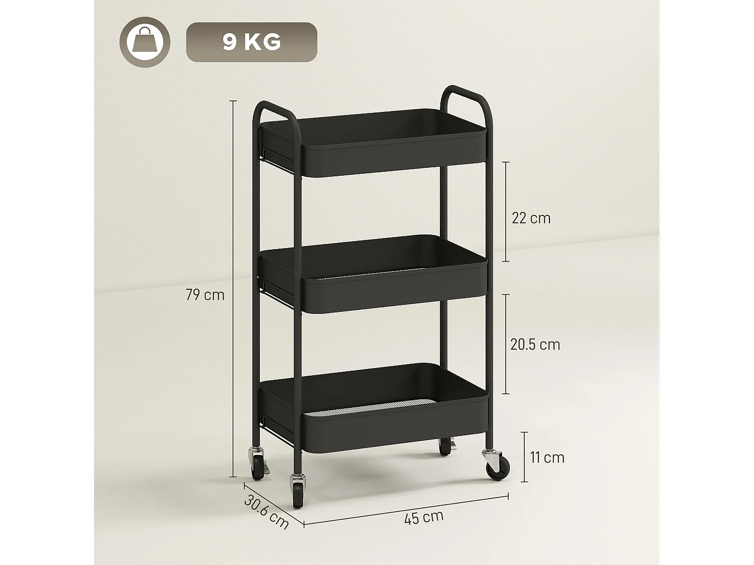 Varafi 3 Tier Metal Storage Trolley Black