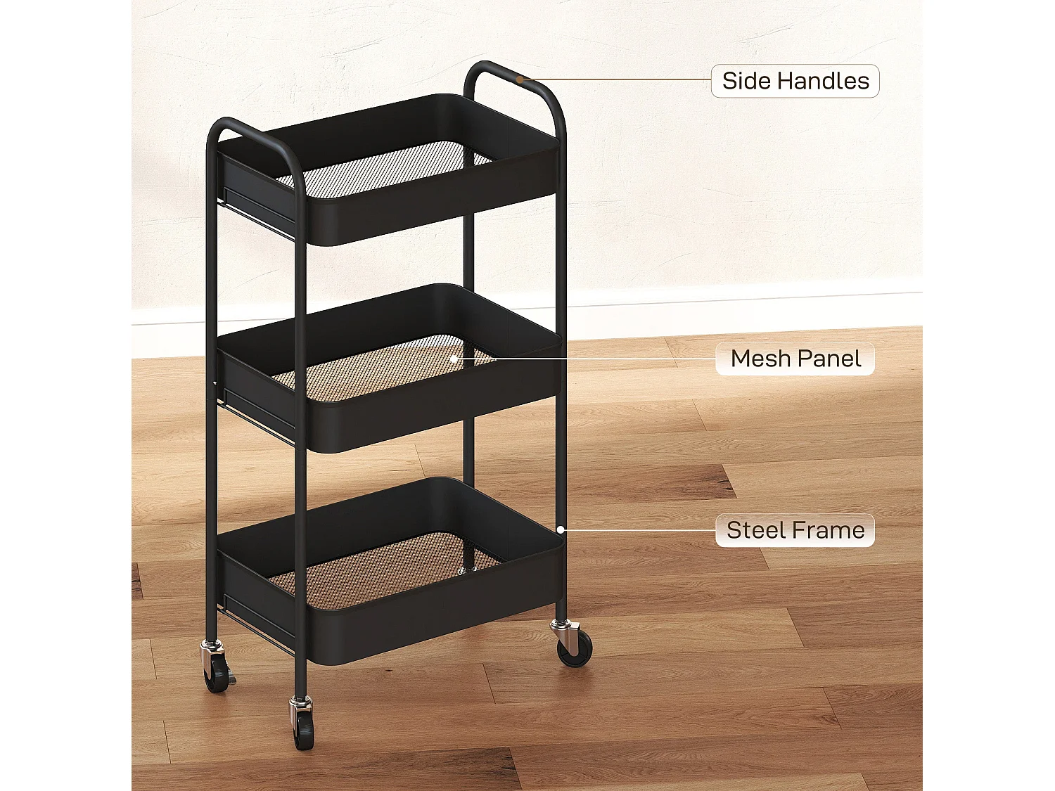 Varafi 3 Tier Metal Storage Trolley Black