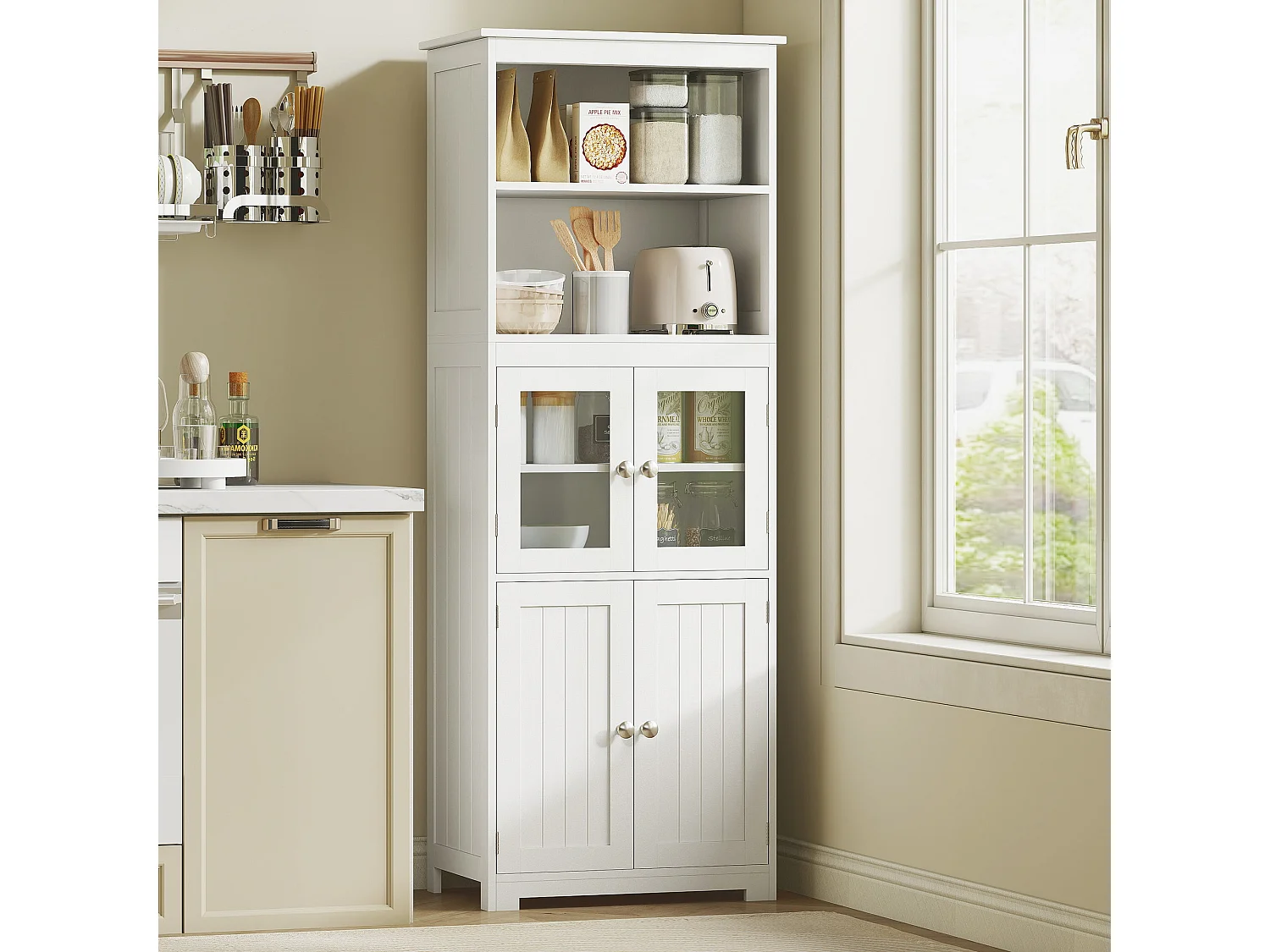 Doke White 4 Door Kitchen Cupboard with Glass Panels and Adjustable Shelves