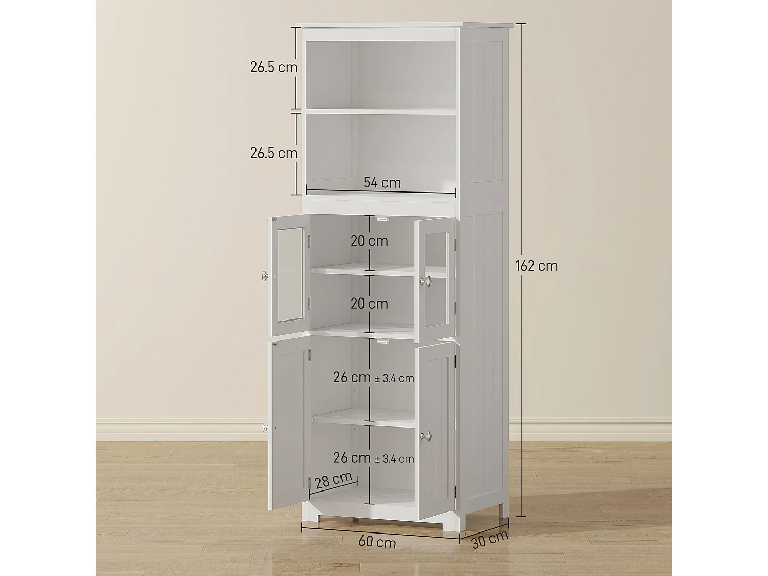 Doke White 4 Door Kitchen Cupboard with Glass Panels and Adjustable Shelves