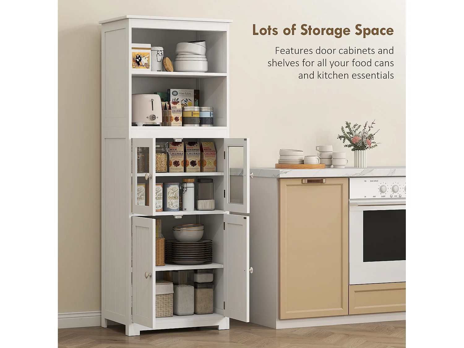 Doke White 4 Door Kitchen Cupboard with Glass Panels and Adjustable Shelves