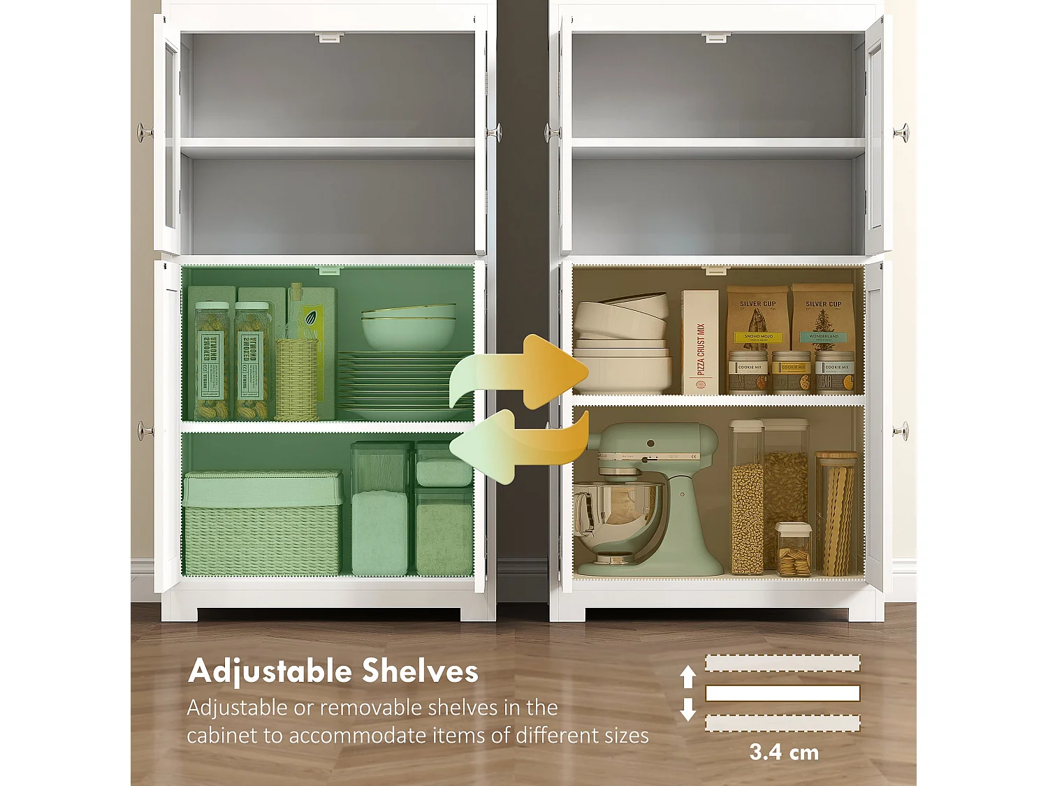 Doke White 4 Door Kitchen Cupboard with Glass Panels and Adjustable Shelves