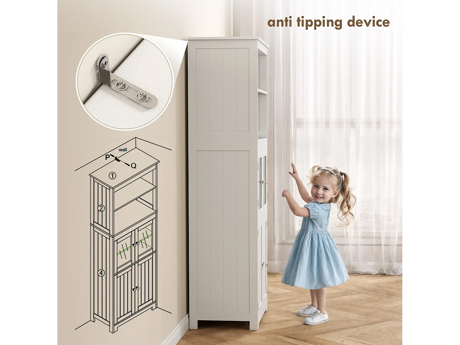 Doke White 4 Door Kitchen Cupboard with Glass Panels and Adjustable Shelves