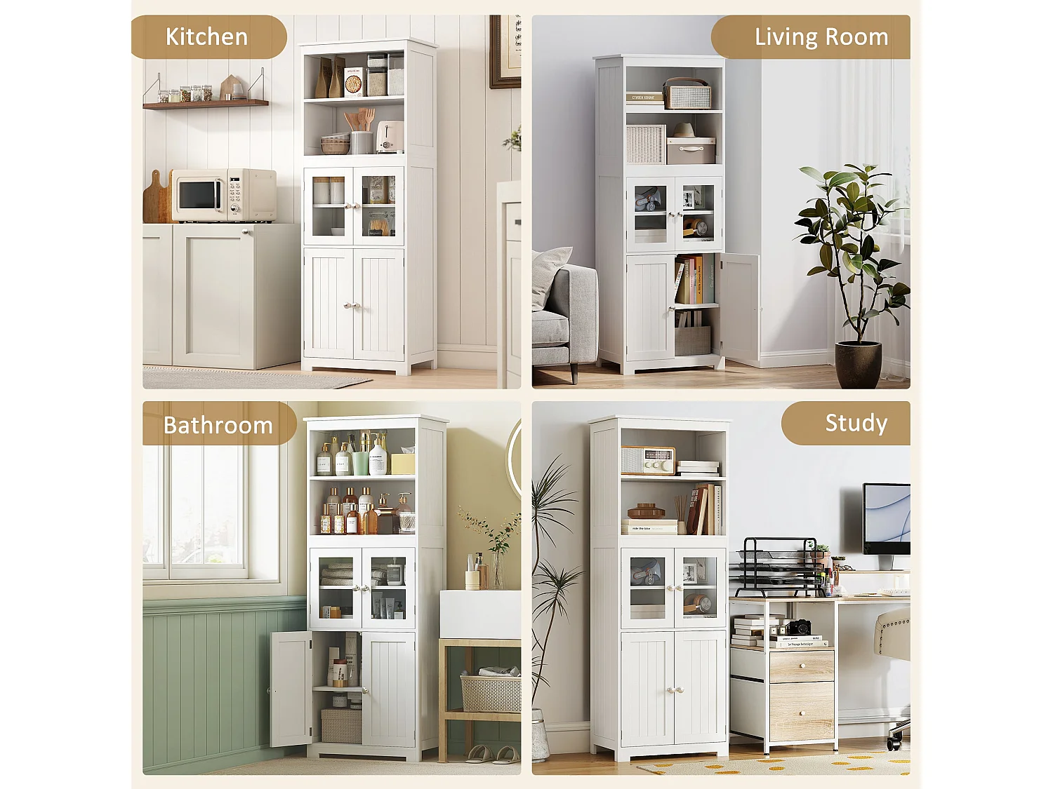 Doke White 4 Door Kitchen Cupboard with Glass Panels and Adjustable Shelves