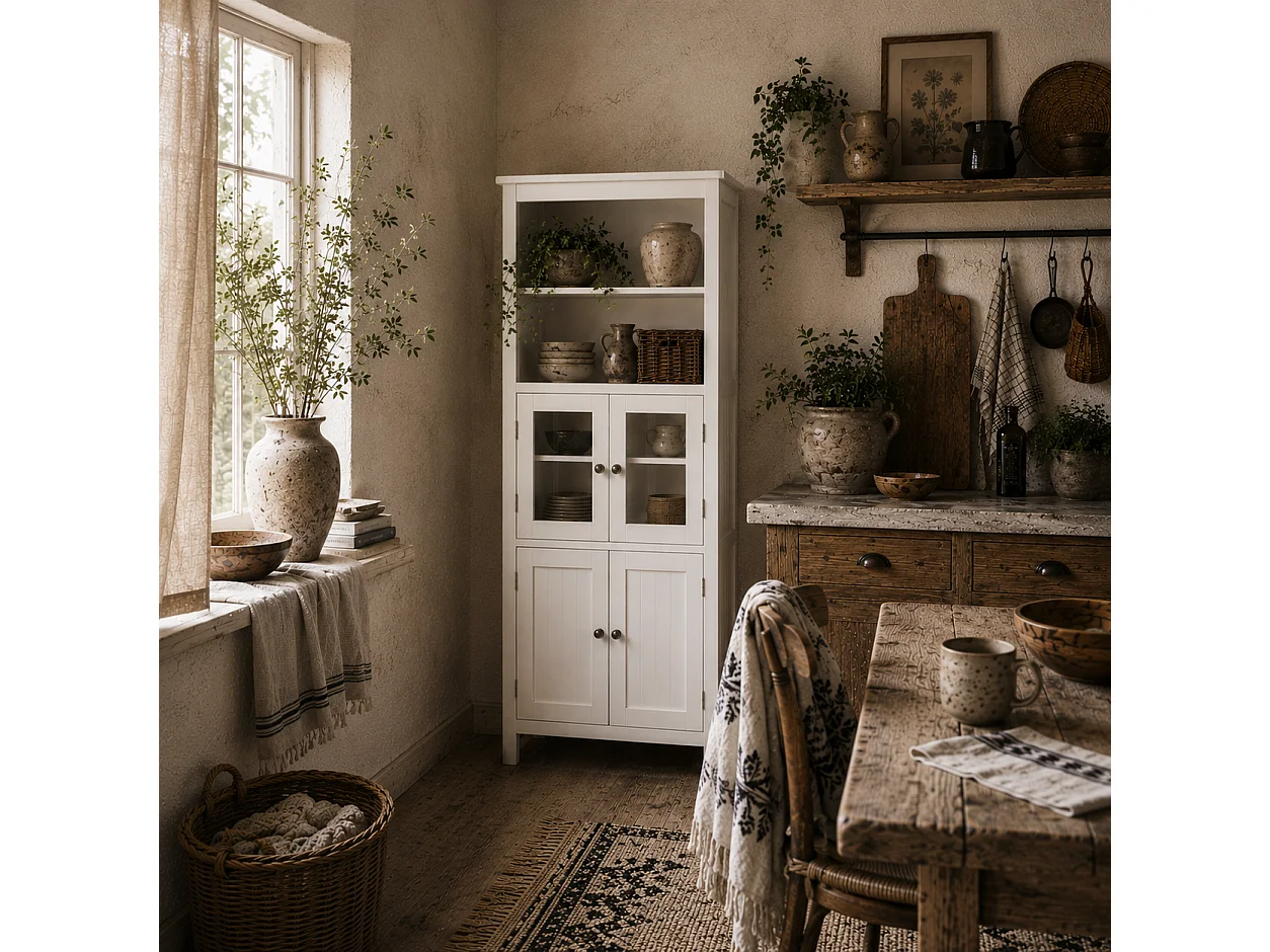 Doke White 4 Door Kitchen Cupboard with Glass Panels and Adjustable Shelves