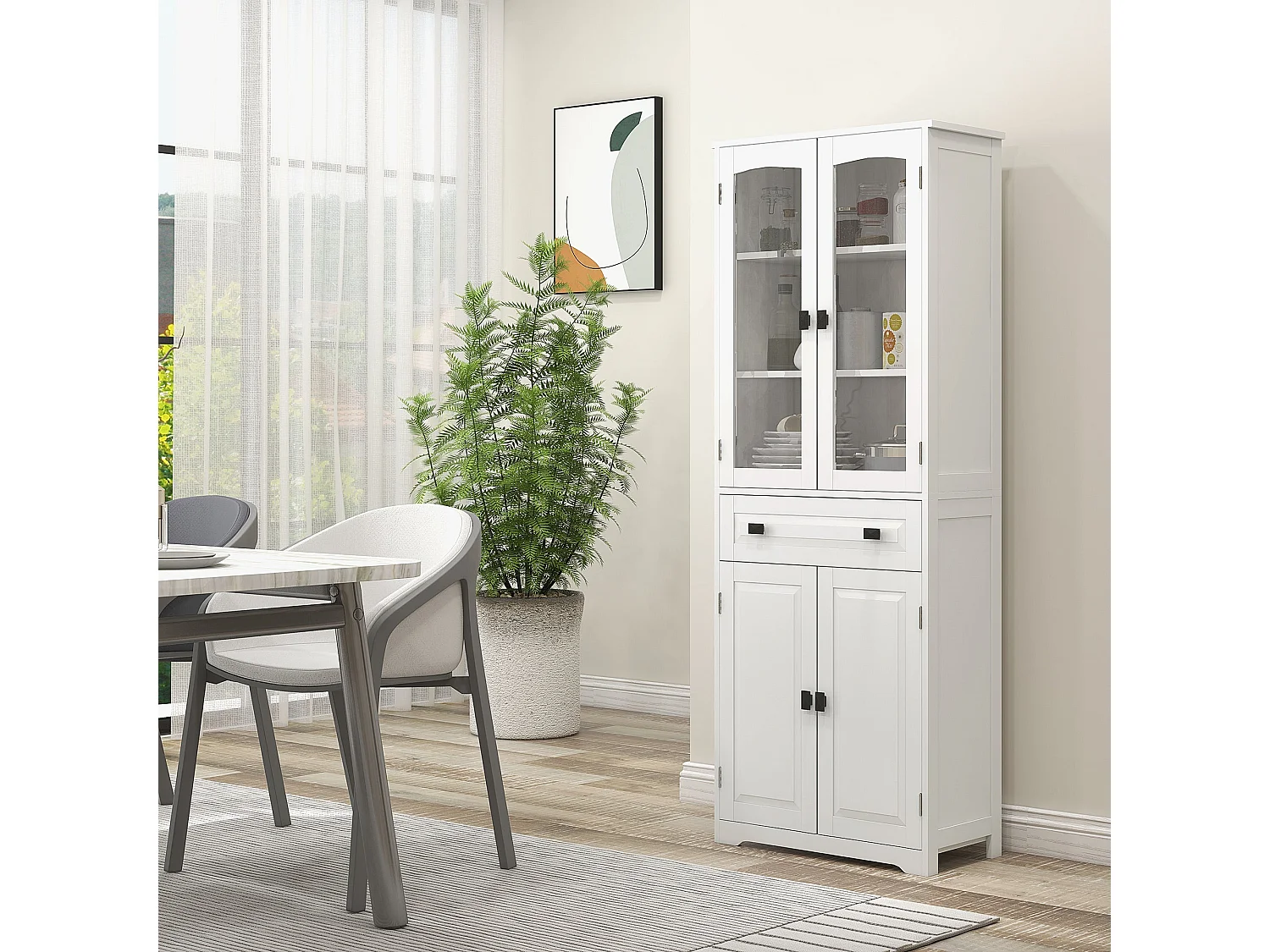 Cotase 160cm Tall White Kitchen Cupboard with Adjustable Shelves Drawer and Glass Doors