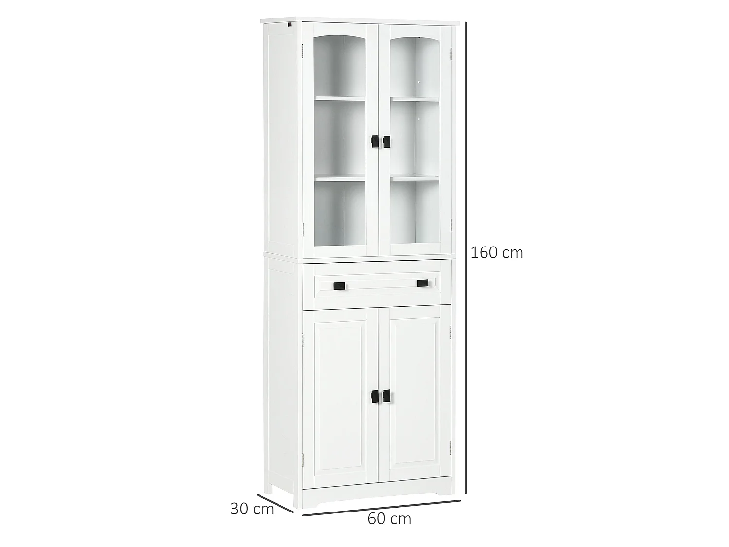 Cotase 160cm Tall White Kitchen Cupboard with Adjustable Shelves Drawer and Glass Doors