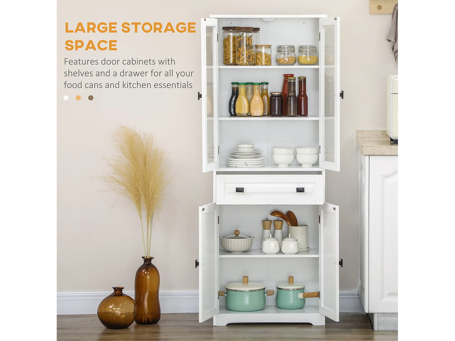 Cotase 160cm Tall White Kitchen Cupboard with Adjustable Shelves Drawer and Glass Doors