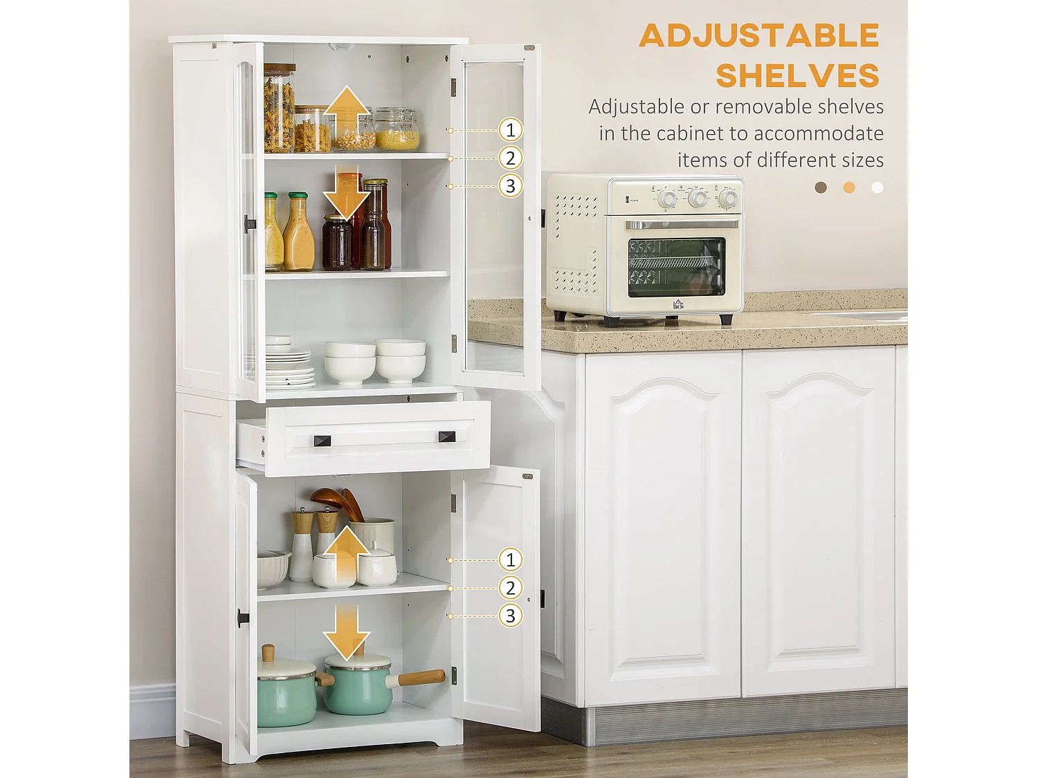 Cotase 160cm Tall White Kitchen Cupboard with Adjustable Shelves Drawer and Glass Doors