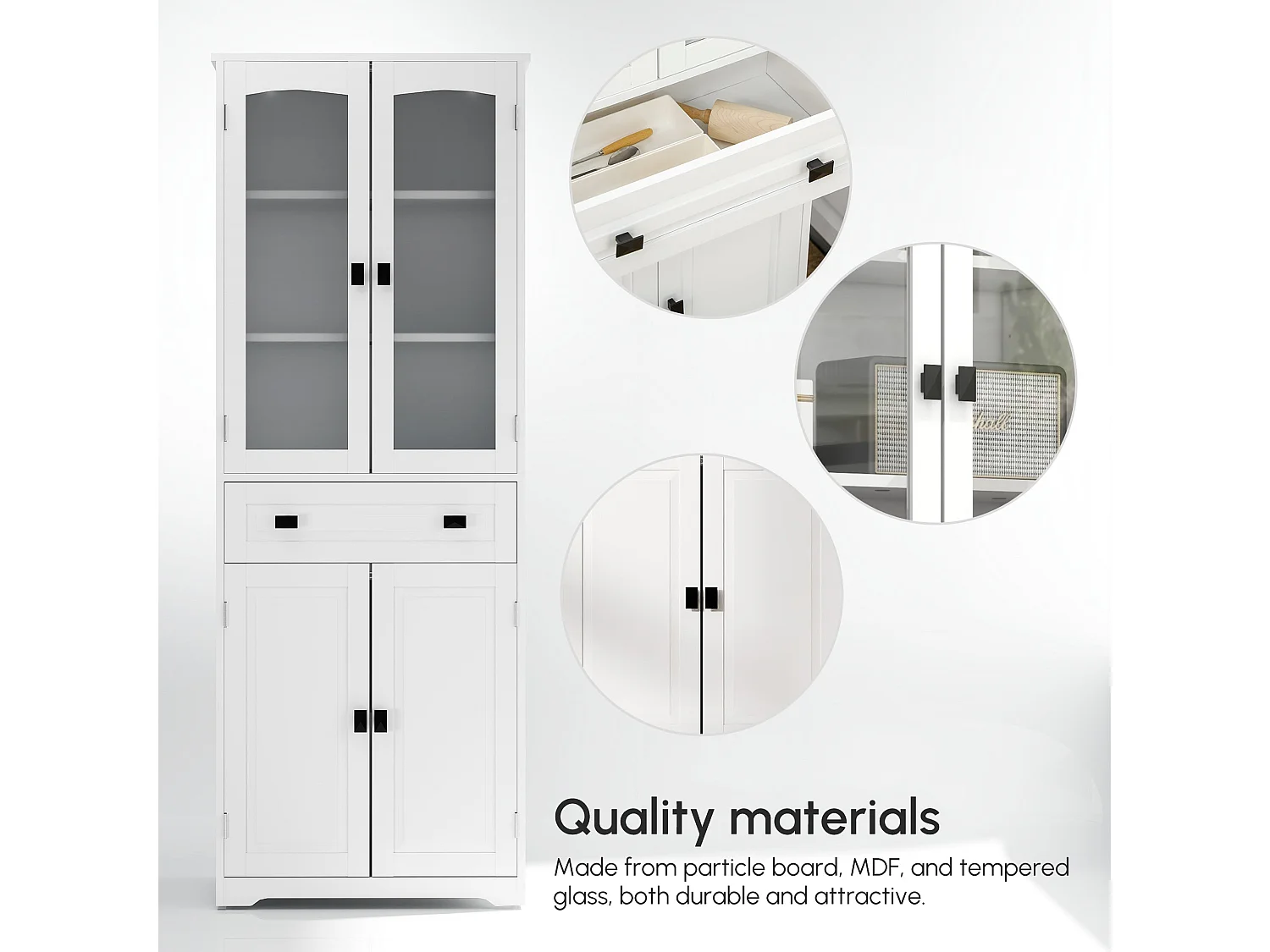 Cotase 160cm Tall White Kitchen Cupboard with Adjustable Shelves Drawer and Glass Doors