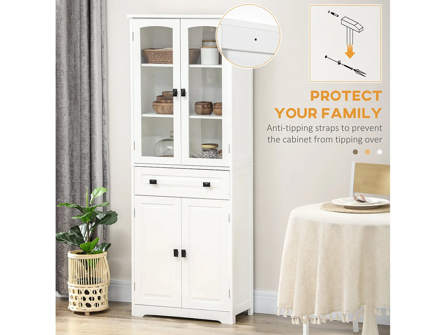 Cotase 160cm Tall White Kitchen Cupboard with Adjustable Shelves Drawer and Glass Doors