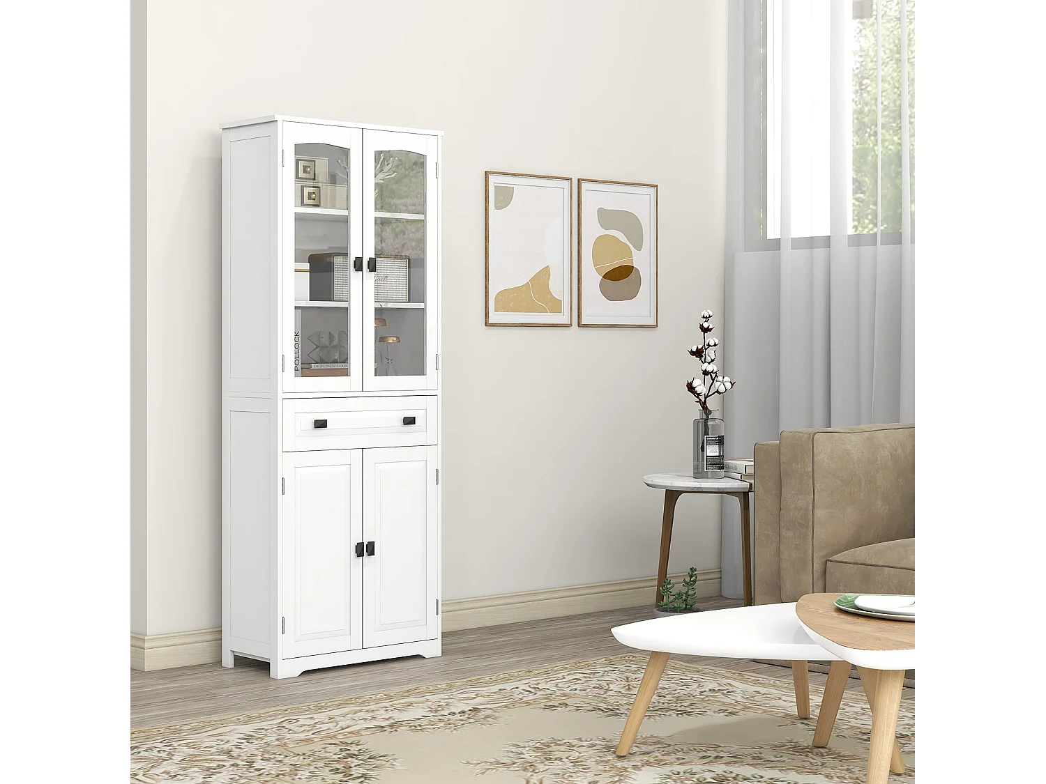 Cotase 160cm Tall White Kitchen Cupboard with Adjustable Shelves Drawer and Glass Doors