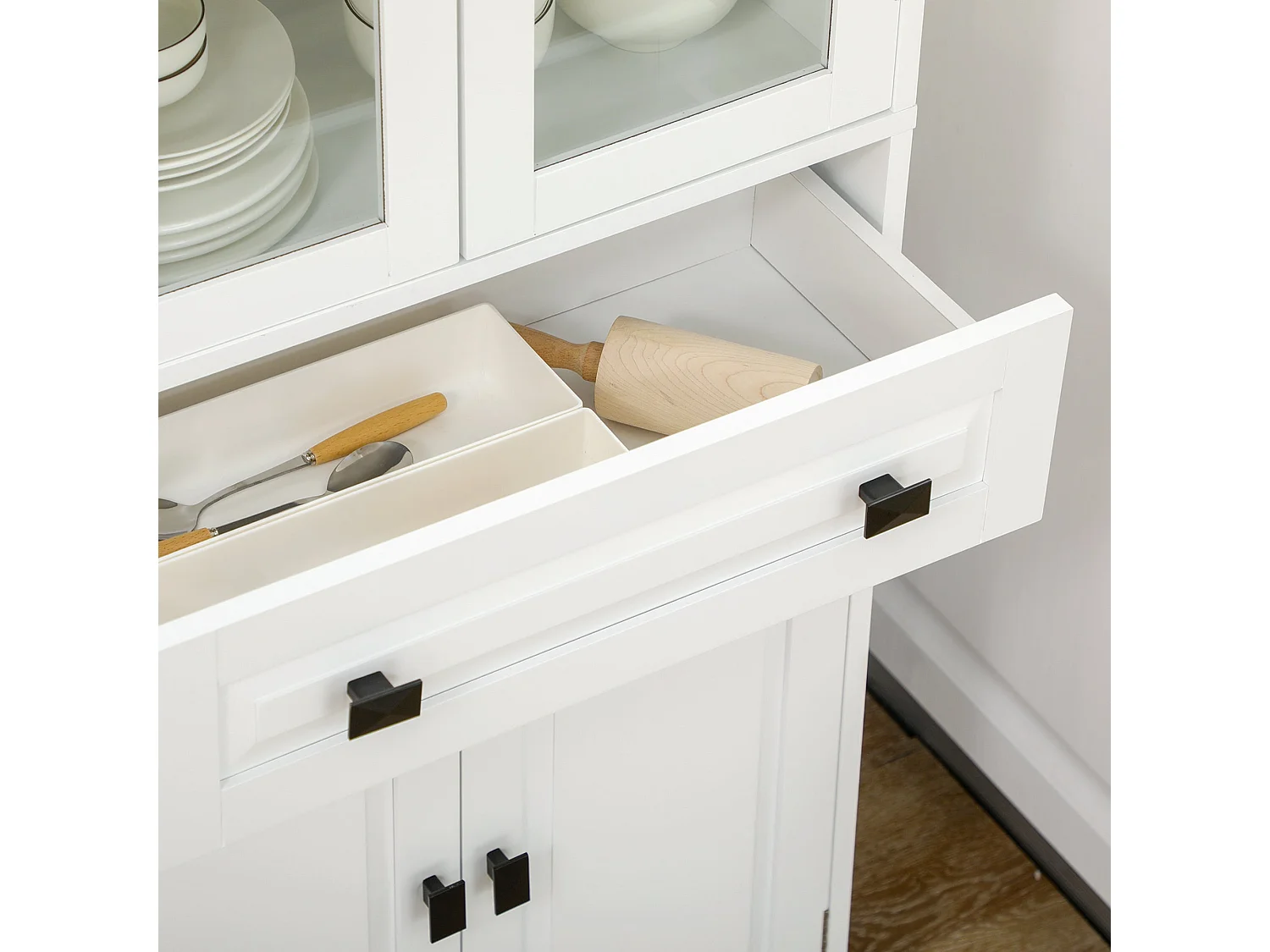 Cotase 160cm Tall White Kitchen Cupboard with Adjustable Shelves Drawer and Glass Doors