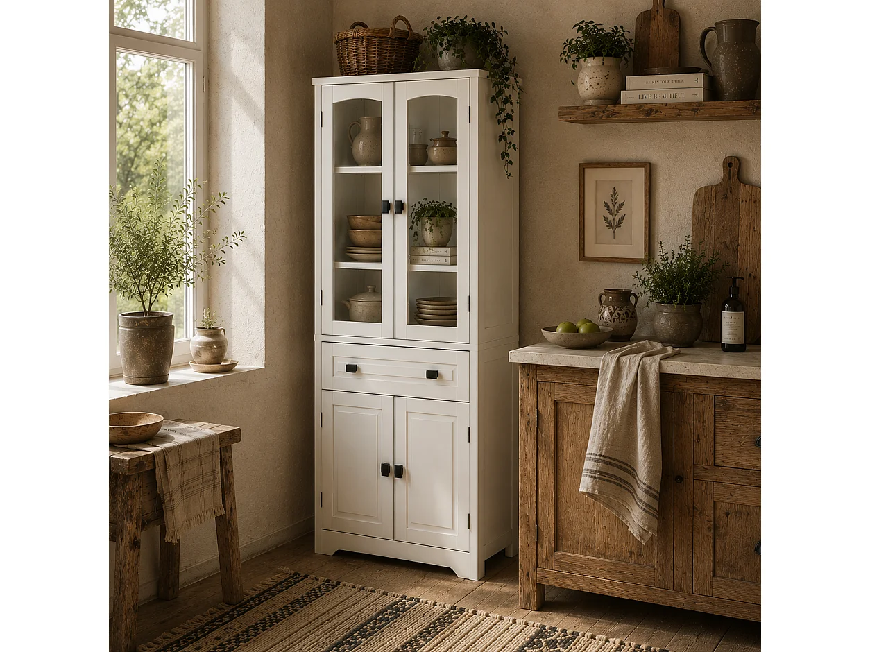 Cotase 160cm Tall White Kitchen Cupboard with Adjustable Shelves Drawer and Glass Doors