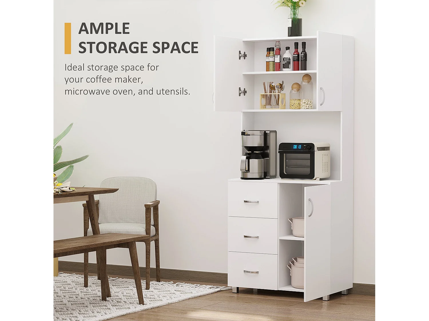 Dika Tall White Kitchen Storage Cabinet 183.5cm Doors Drawers Adjustable Shelves