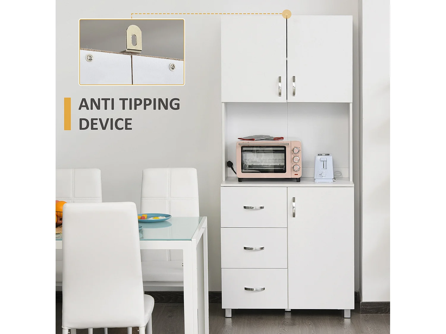 Dika Tall White Kitchen Storage Cabinet 183.5cm Doors Drawers Adjustable Shelves