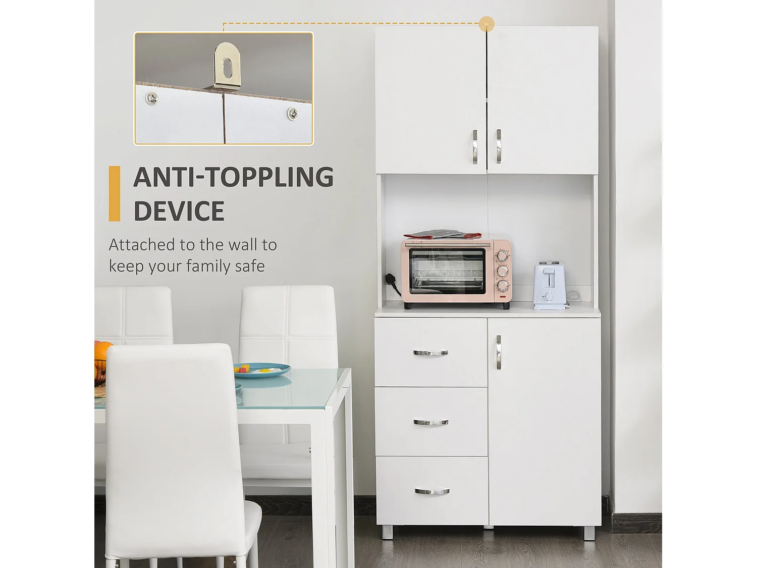 Dika Tall White Kitchen Storage Cabinet 183.5cm Doors Drawers Adjustable Shelves