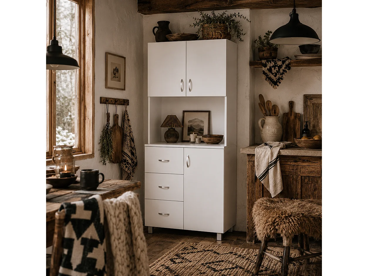 Dika Tall White Kitchen Storage Cabinet 183.5cm Doors Drawers Adjustable Shelves
