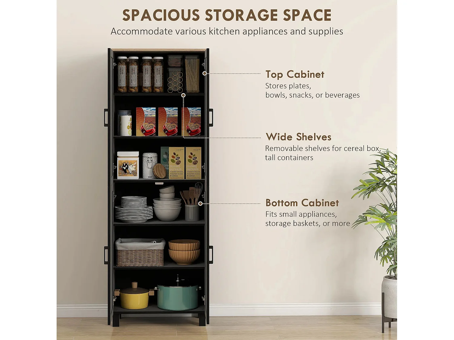 Parare 171cm Black Wood Effect 4 Door Freestanding Kitchen Pantry Cabinet