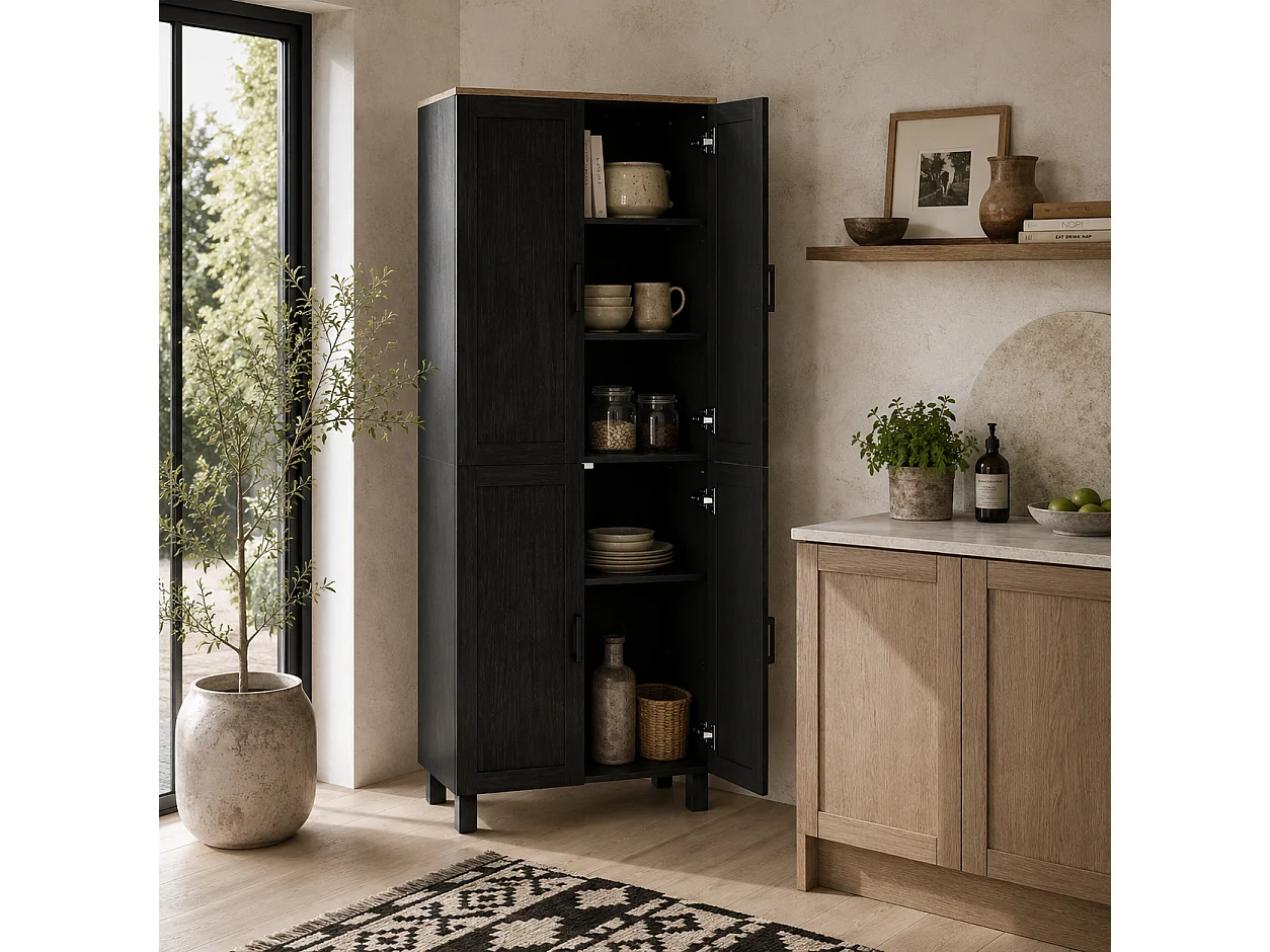 Parare 171cm Black Wood Effect 4 Door Freestanding Kitchen Pantry Cabinet