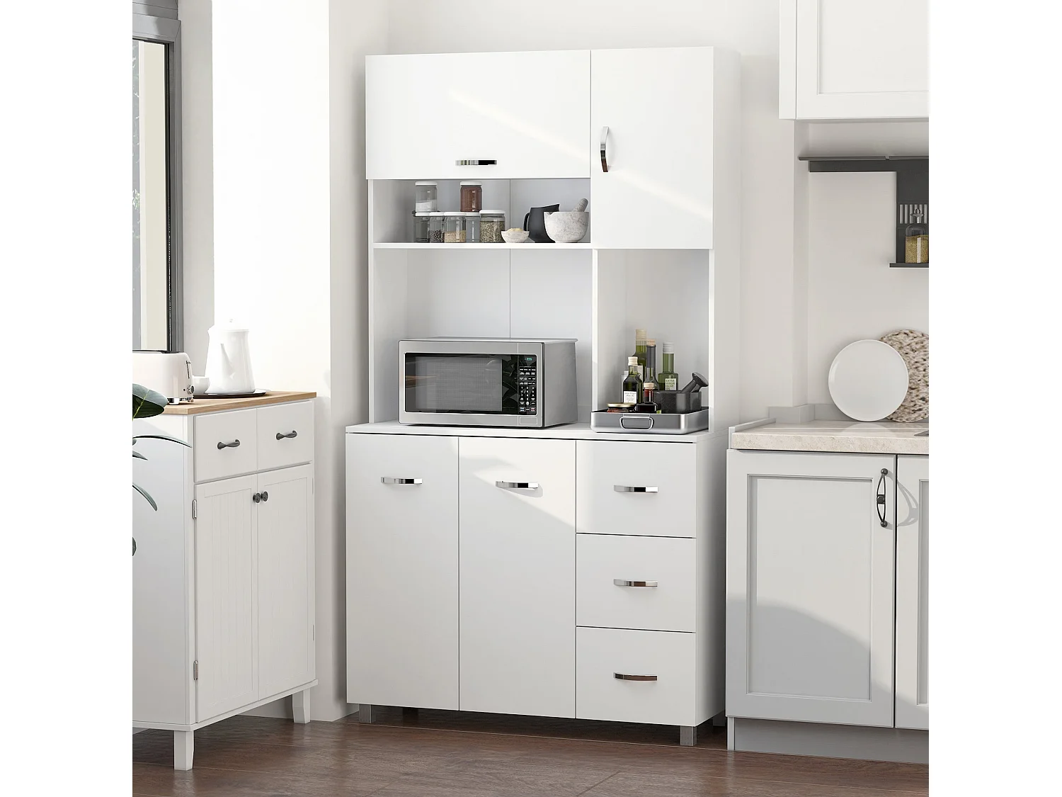 Vivivi Hapa White Tall Kitchen Sideboard Storage Column with Drawers Flip Door Cupboards and Open Shelves