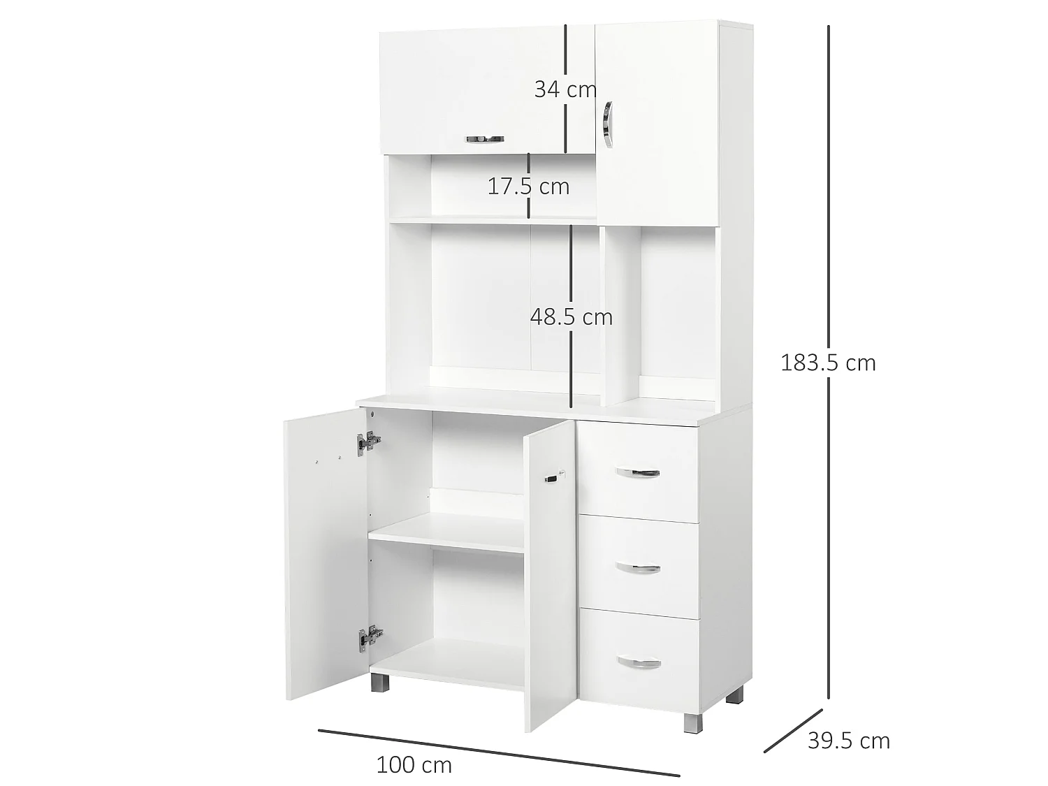 Vivivi Hapa White Tall Kitchen Sideboard Storage Column with Drawers Flip Door Cupboards and Open Shelves