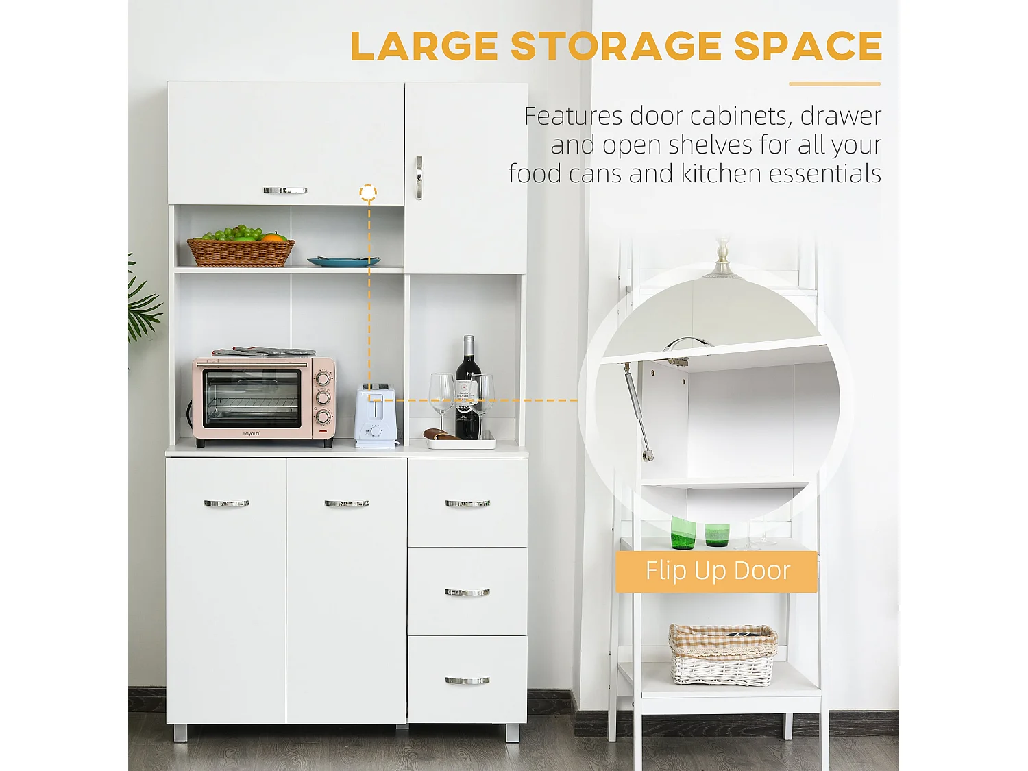 Vivivi Hapa White Tall Kitchen Sideboard Storage Column with Drawers Flip Door Cupboards and Open Shelves