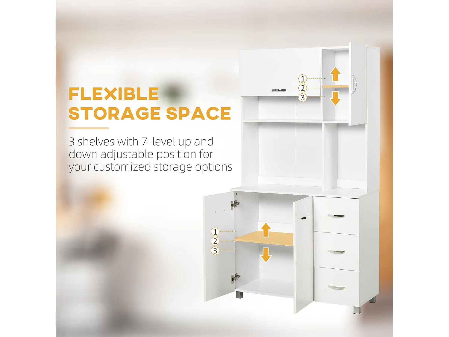 Vivivi Hapa White Tall Kitchen Sideboard Storage Column with Drawers Flip Door Cupboards and Open Shelves