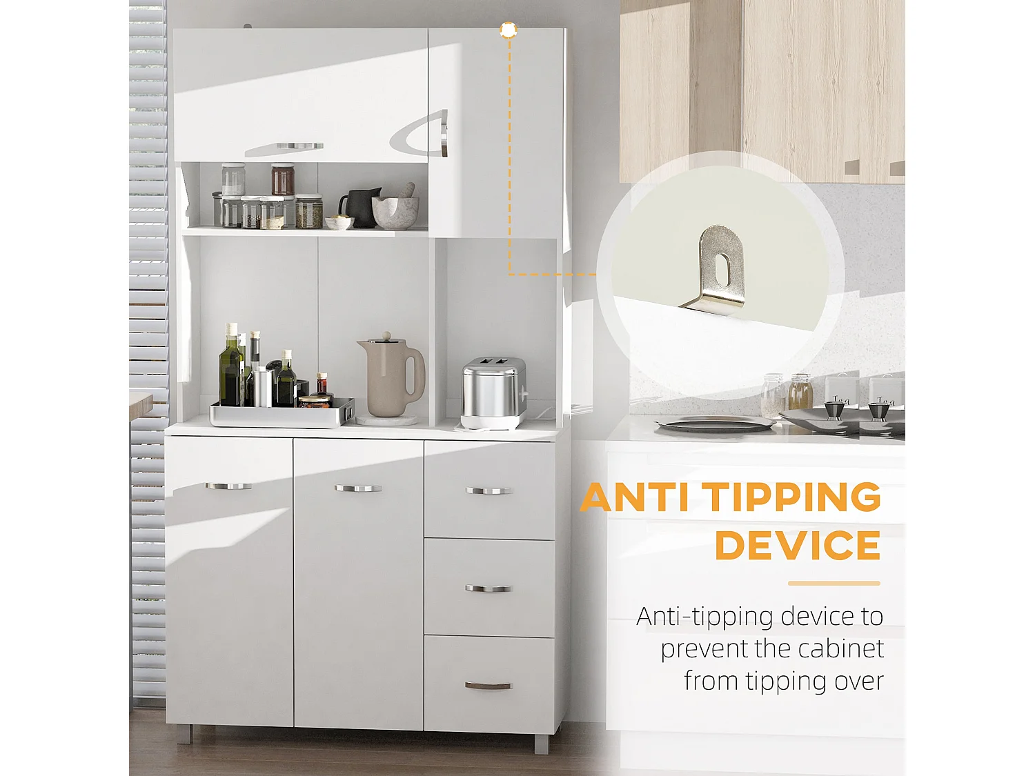 Vivivi Hapa White Tall Kitchen Sideboard Storage Column with Drawers Flip Door Cupboards and Open Shelves