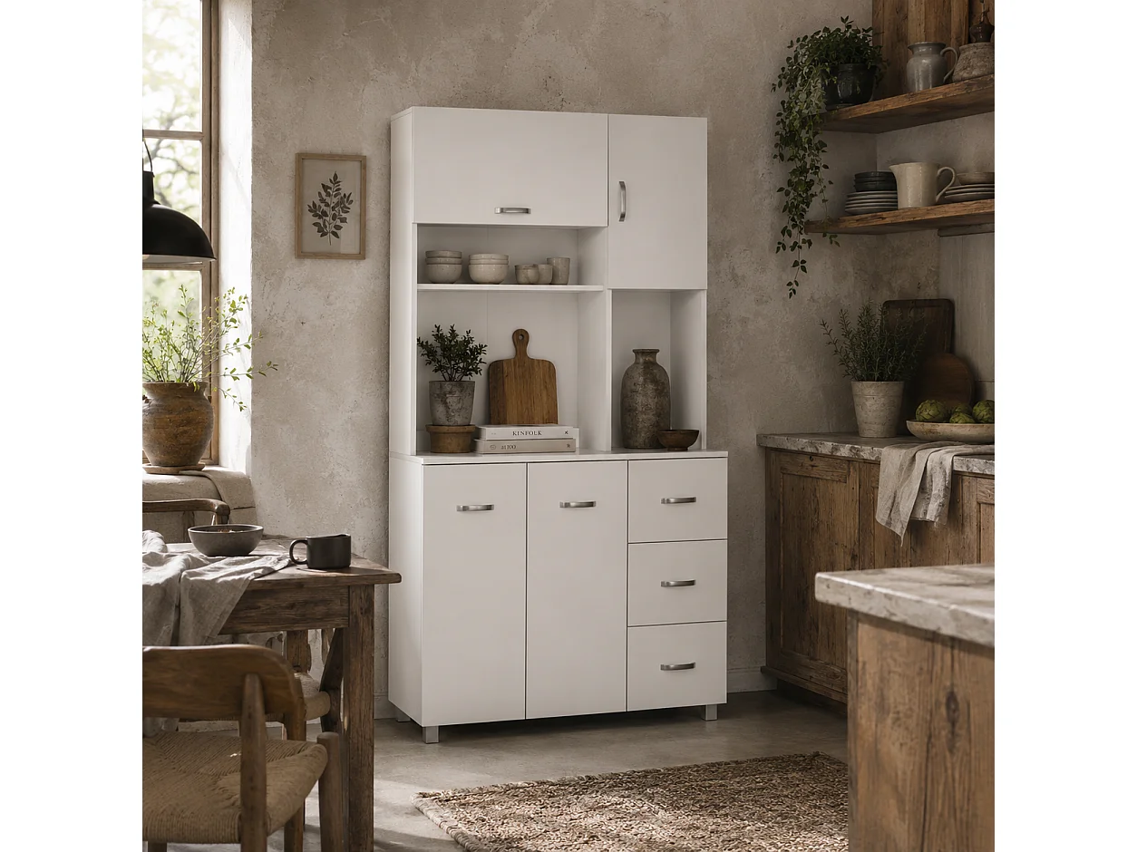 Vivivi Hapa White Tall Kitchen Sideboard Storage Column with Drawers Flip Door Cupboards and Open Shelves