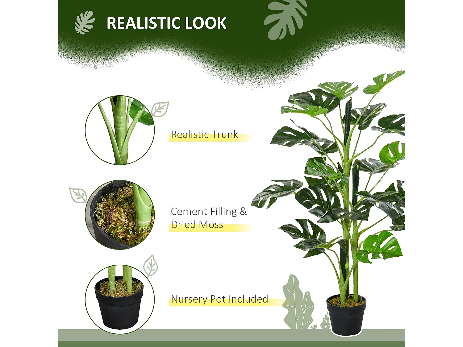 Nalale Lumo Set of 2 Artificial Monstera Trees with Cheese Leaf Design and Pots