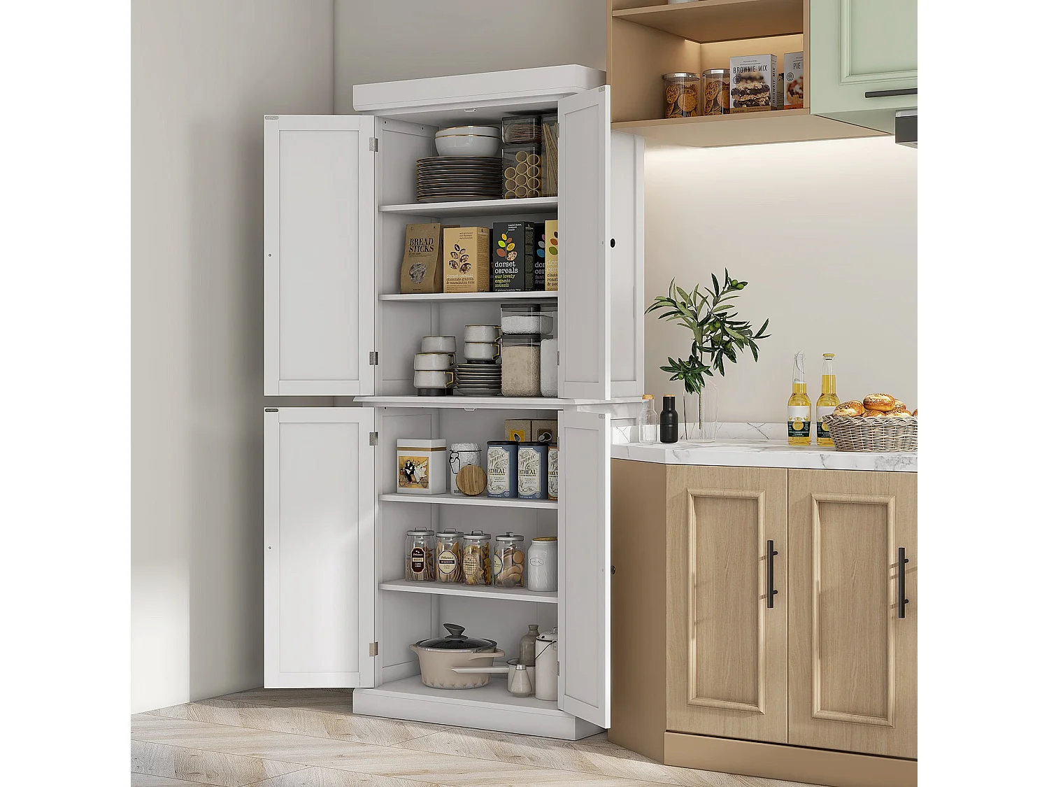 Varofa White Freestanding Kitchen Cupboard 4 Doors 6 Tier Shelving