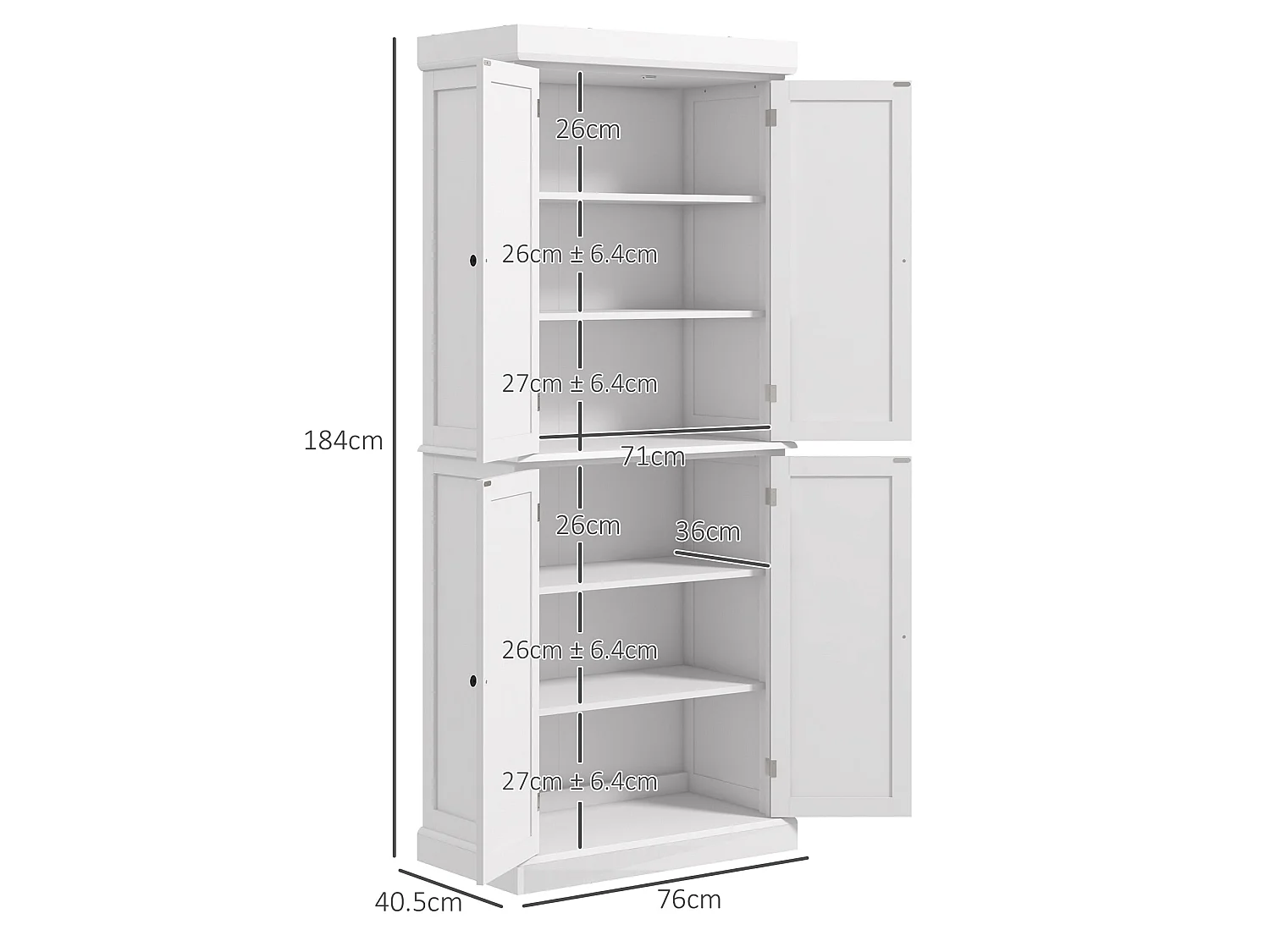 Varofa White Freestanding Kitchen Cupboard 4 Doors 6 Tier Shelving