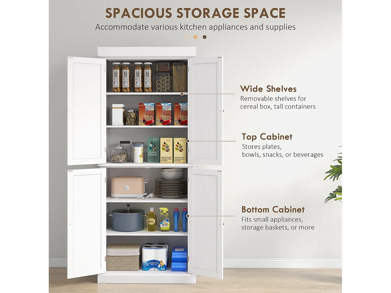 Varofa White Freestanding Kitchen Cupboard 4 Doors 6 Tier Shelving