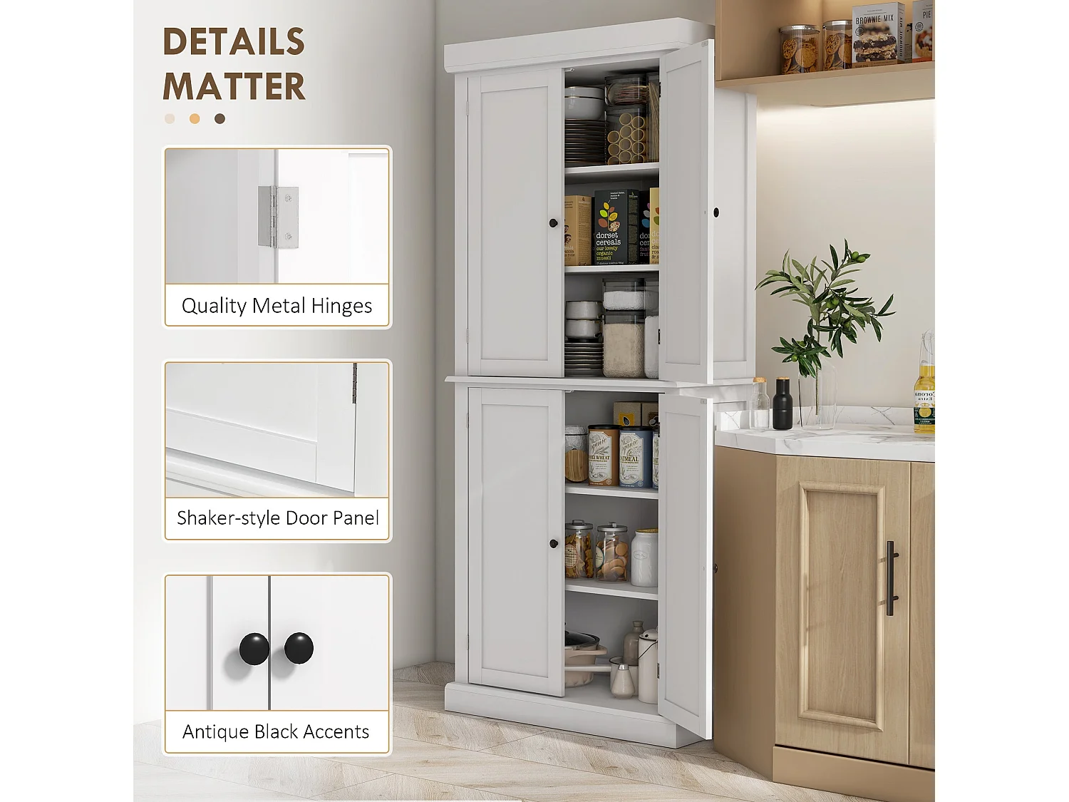 Varofa White Freestanding Kitchen Cupboard 4 Doors 6 Tier Shelving