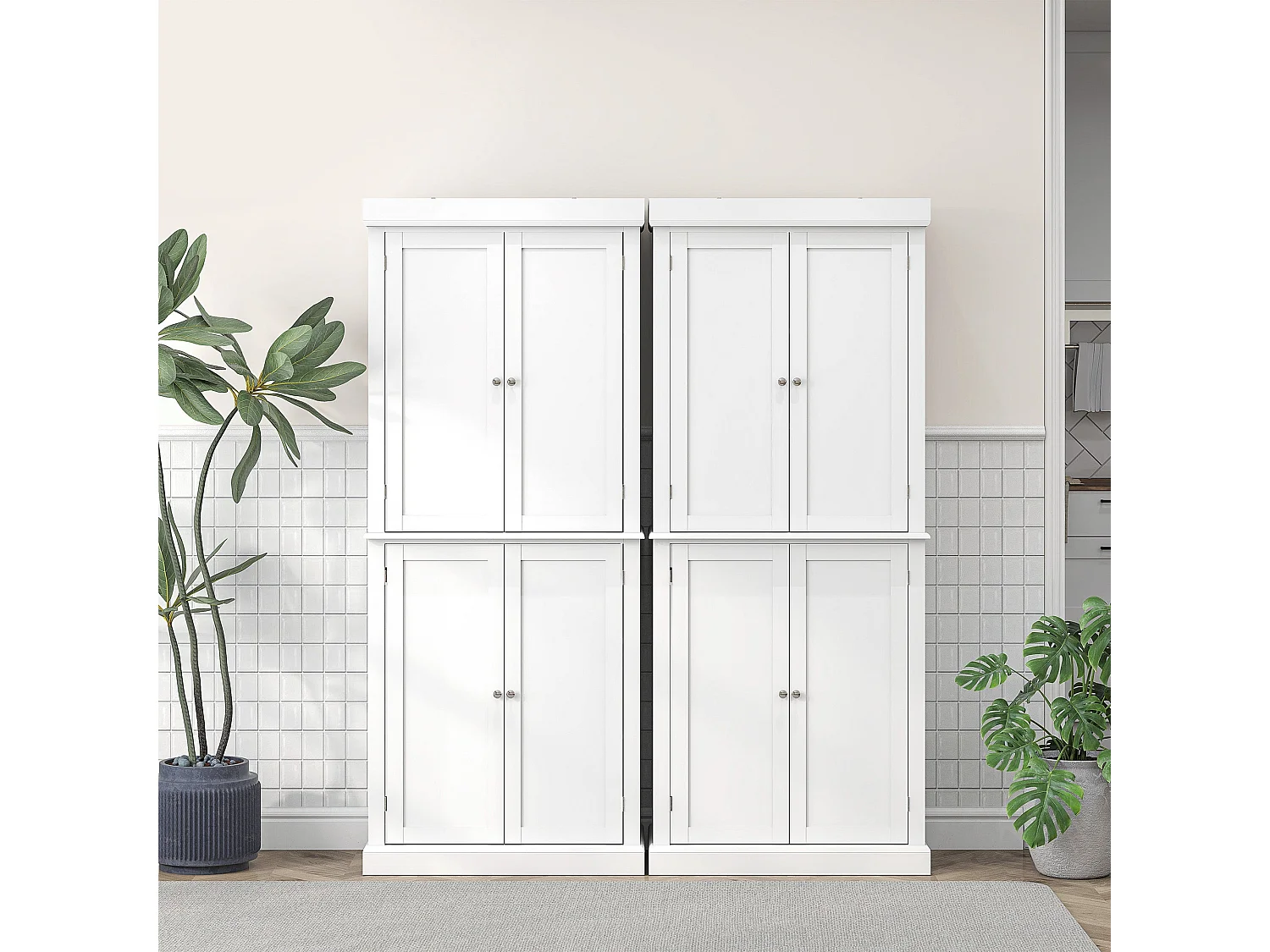 Varofa White Freestanding Kitchen Cupboard 4 Doors 6 Tier Shelving