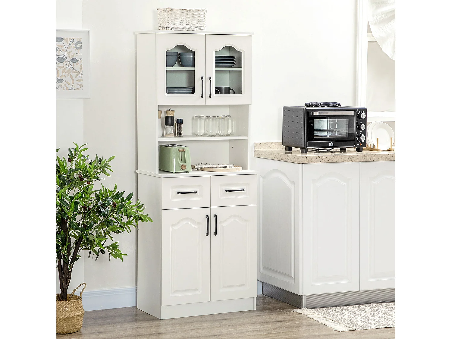 Reluta Tafa White Tall Kitchen Cupboard 168cm Glass Front Cabinet Adjustable Shelves Drawers Lower Cupboard
