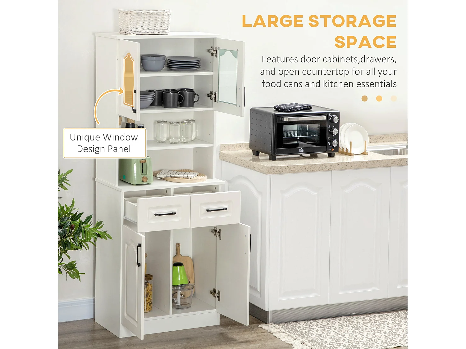 Reluta Tafa White Tall Kitchen Cupboard 168cm Glass Front Cabinet Adjustable Shelves Drawers Lower Cupboard