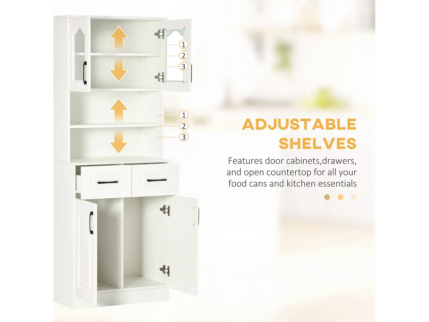 Reluta Tafa White Tall Kitchen Cupboard 168cm Glass Front Cabinet Adjustable Shelves Drawers Lower Cupboard