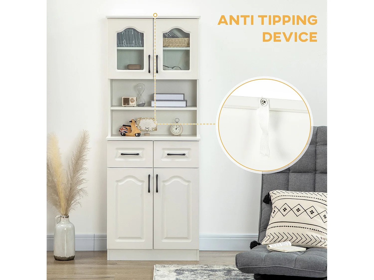 Reluta Tafa White Tall Kitchen Cupboard 168cm Glass Front Cabinet Adjustable Shelves Drawers Lower Cupboard