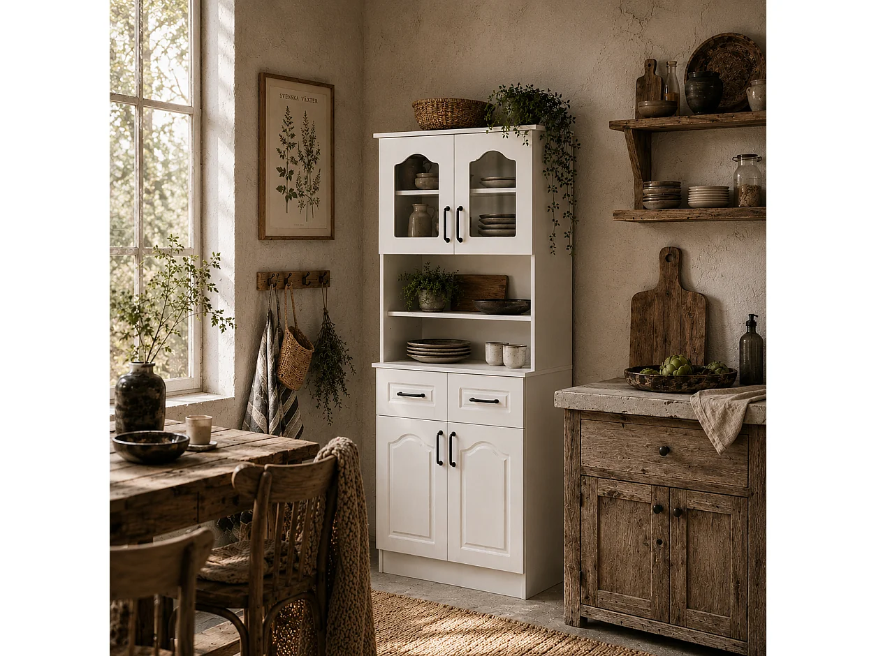 Reluta Tafa White Tall Kitchen Cupboard 168cm Glass Front Cabinet Adjustable Shelves Drawers Lower Cupboard