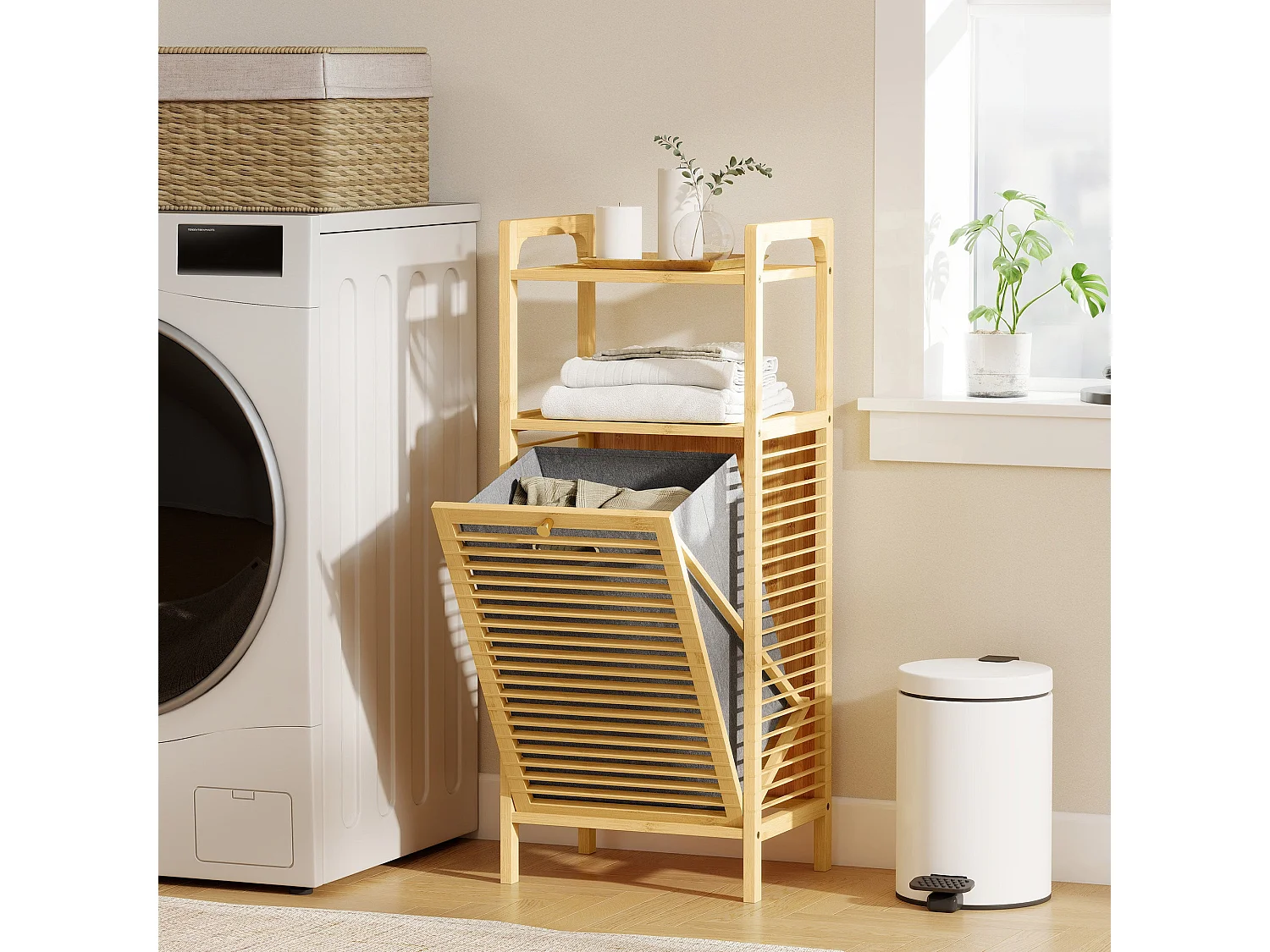 Lopadi Bamboo Laundry Cabinet with Tilt Out Hamper Slatted Door Natural Wood Finish