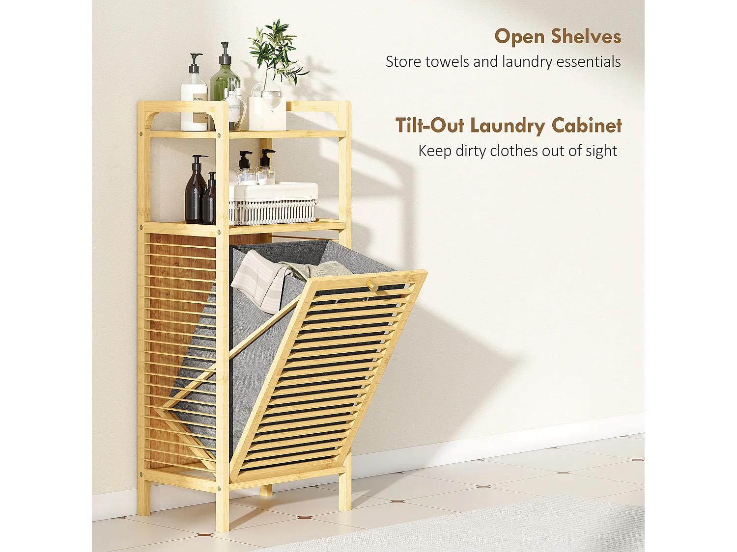 Lopadi Bamboo Laundry Cabinet with Tilt Out Hamper Slatted Door Natural Wood Finish