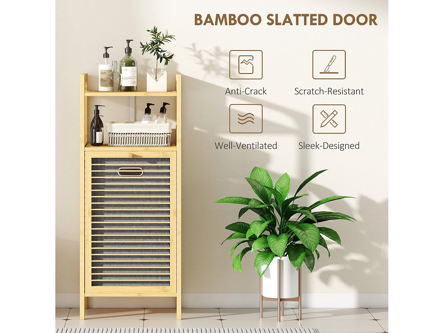 Lopadi Bamboo Laundry Cabinet with Tilt Out Hamper Slatted Door Natural Wood Finish